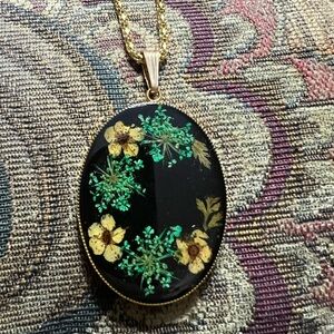 Handmade Pendant of Real Pressed Flowers on Goldtone Chain. From Gatlinburg, TN